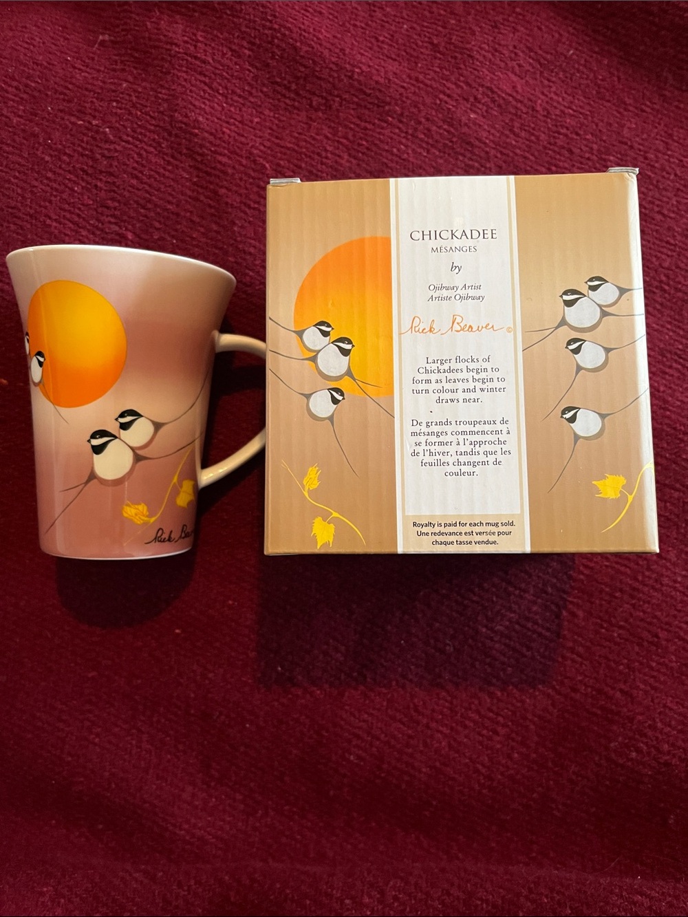 Chickadee Ceramic Mug in Pink and Orange Sun Design